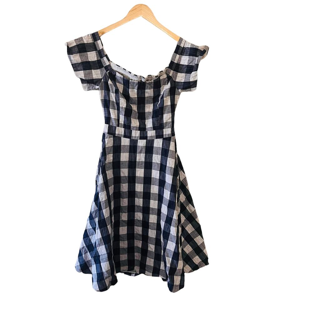 Adelyn Rae Daisy Dress Size Medium Gingham Off Shoulder Open Back Blue White - Picture 2 of 15
